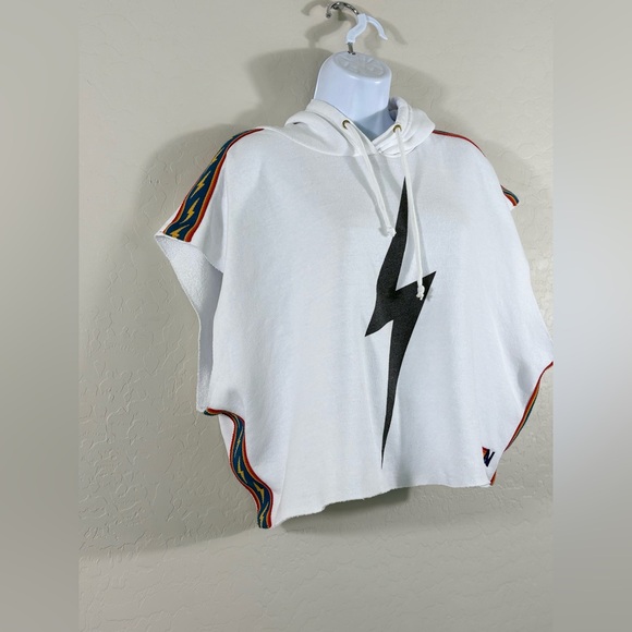 Aviator Nation BOLT STRIPE SLEEVELESS RELAXED CROPPED PULLOVER HOODIE - WHITE - Picture 4 of 7